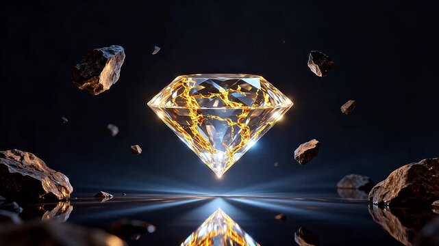 Diamond with golden veins and floating rocks