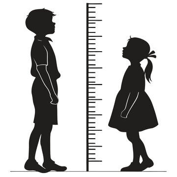 Silhouette of a boy and a girl standing next to a height chart