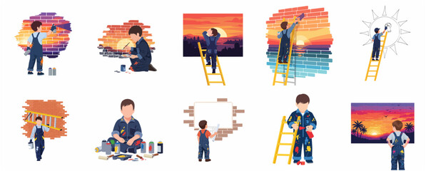 Set of illustrations of a young artist boy painting sunset murals and street art on brick walls using spray cans, brushes, and ladders, showcasing creativity and imagination. © Artozo