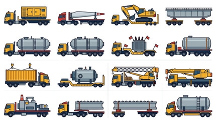 Minimalist Colorful of Various Heavy Transport Trucks and Equipment Carrying Specialized Loads with high quality professional line art symbols for modern creative design and digital branding projects © Manto