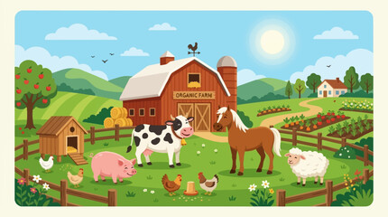 Naklejka premium A vibrant cartoon illustration of a lively organic farm scene with various happy animals, a red barn, green fields, and a sunny sky.