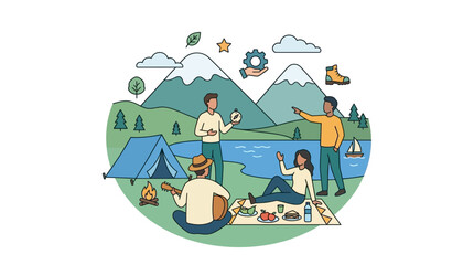 Obraz premium Group of friends camping and picnicking in mountain nature landscape