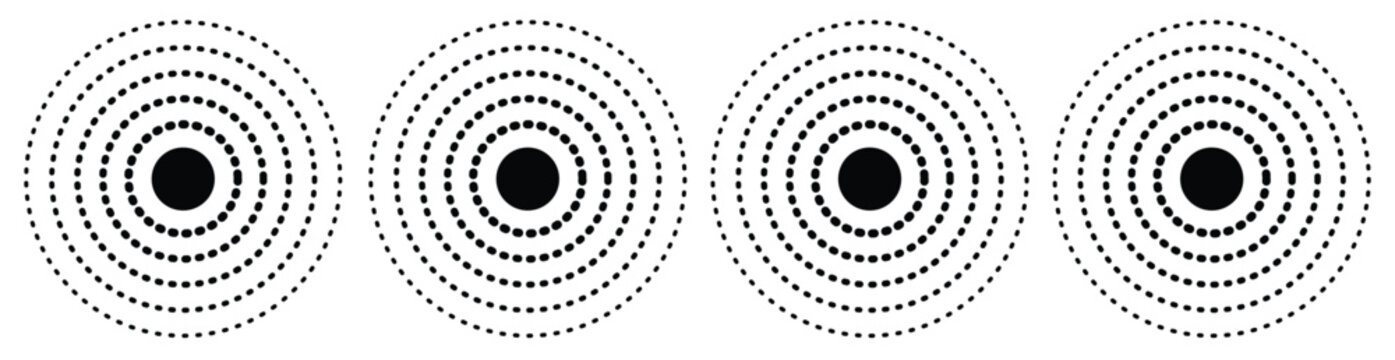 Radar icons, sonar waves, radial concentric signal circles, echo sounder symbols. Vector linear black and white and halftone illustration isolated on a transparent background.