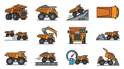 Modern Orange and Gray Construction Dump Trucks and Heavy Machinery Set with high quality professional line art symbols for modern creative design and digital branding projects © Manto