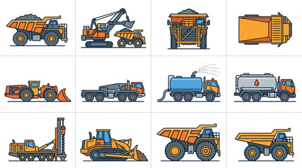 Elegant Colorful of Heavy Construction Equipment and Vehicles for Industrial Use with high quality professional line art symbols for modern creative design and digital branding projects © Manto