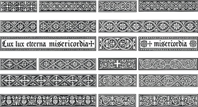 Gothic border illustration, ornate religious panel, Latin text design, Christian cross motif, medieval floral pattern, sacred art, decorative frame