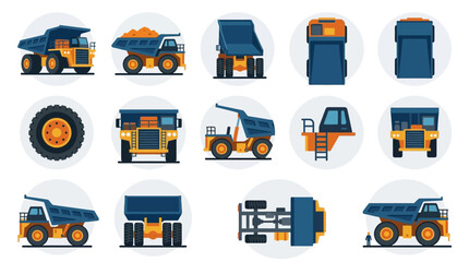 Elegant Collection of Vibrant Heavy Machinery and Mining Equipment Illustrated in Blue Orange and Yellow © Manto