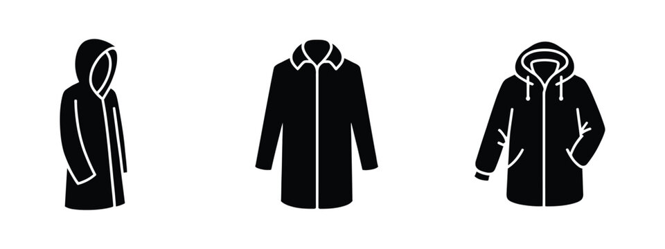 Raincoat and hooded jacket icon set, weather fashion outdoor clothing symbols, protection from rain, apparel, vector illustration