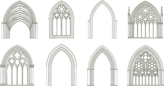 Gothic architecture silhouette vector set, black white clipart of arches windows tracery, medieval design illustration artwork bundle