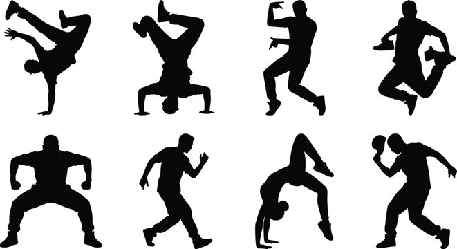 Breakdance and street dance silhouettes set featuring dancers performing handstands headspins jumps backbends and hip hop acrobatics moves