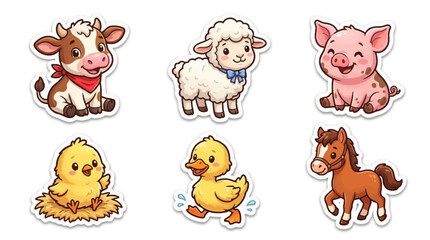 Fototapeta premium Cute cartoon baby farm animals sticker set featuring a calf, lamb, piglet, chick, duckling, and foal on a white background.