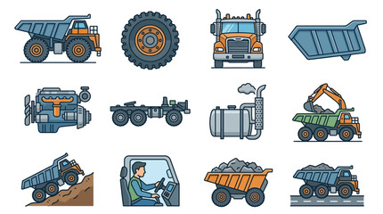 Clean of Various Construction and Mining Heavy Machinery in Blue Orange and Gray with high quality professional line art symbols for modern creative design and digital branding projects © Manto