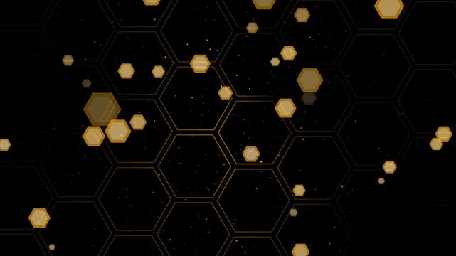 Glowing hexagonal tiles and floating hexagon particles over a dark grid background animation