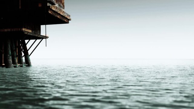 A rusty structure stands on stilts above the water. The surface of the water is calm and reflects the cloudy sky. The scene shows a quiet moment by the shore.