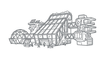Obraz premium Dynamic Black and White Line Drawing of Futuristic Urban Complex with Geometric Buildings People and Unique Architecture