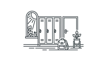 Obraz premium Elegant Minimalist Line Drawing of School Locker Room with Backpack Plant and Sunlight with high quality professional line art symbols for modern creative design and digital branding projects