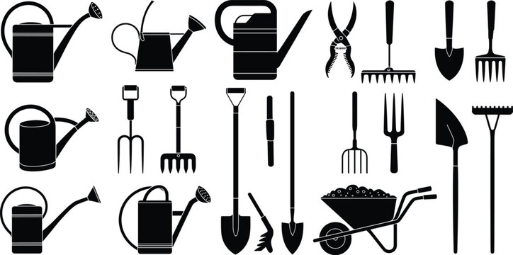 Gardening tool silhouette set, shovel, rake, pitchfork, watering can, pruning shears, wheelbarrow icon, landscaping equipment, black vector illustration