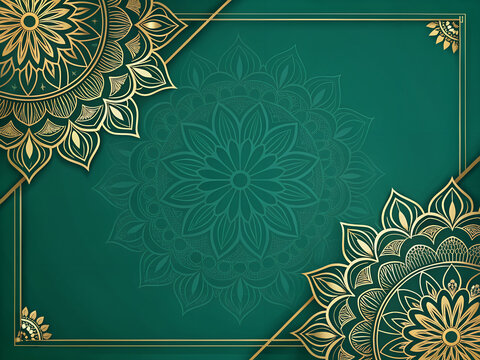 Modern minimal Indian vector background with elegant mandala corner decoration, large copy space, deep emerald green background, flat design
