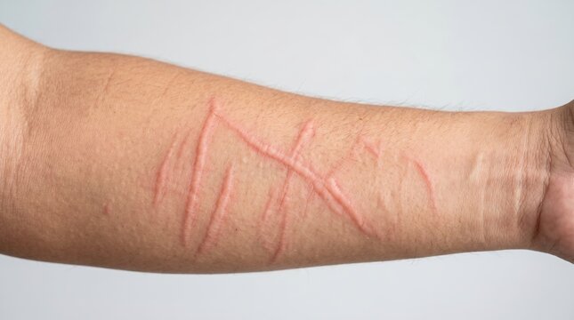 Raised hypertrophic scars and keloids on a human forearm from previous skin trauma