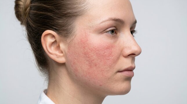 Side profile of a woman with red facial rosacea rash and irritated sensitive skin