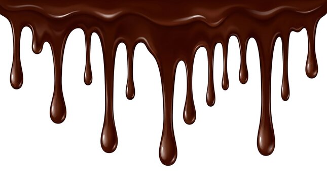 Dark melted chocolate dripping down on a white background for food advertising and confectionery design projects