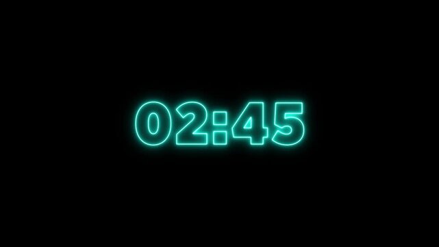 Glowing neon 3 minute countdown animation on black background.Digital Countdown timer three minute animation from seconds on transparent background.3 minutes countdown timer animation.
