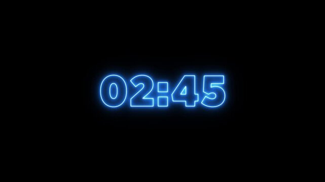 Glowing neon 3 minute countdown animation on black background.Digital Countdown timer three minute animation from seconds on transparent background.3 minutes countdown timer animation.