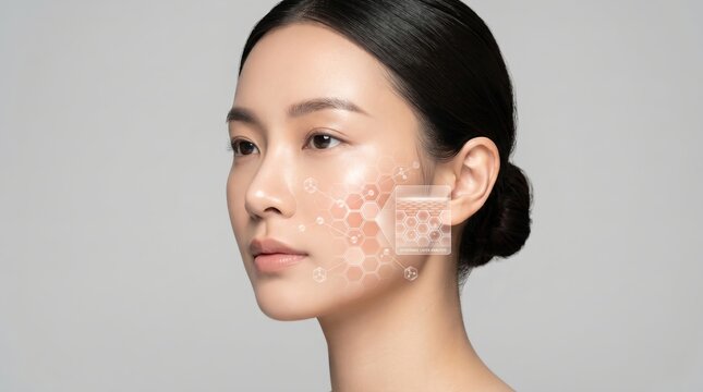 Beautiful Asian woman with a futuristic holographic skin layer analysis interface overlay