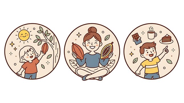 Set of cute cartoon illustrations showing the process of harvesting cocoa beans and enjoying delicious chocolate products in a flat style