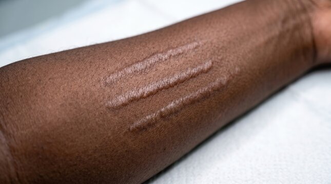 Linear keloid scars and raised hyperplastic tissue on a dark skin forearm