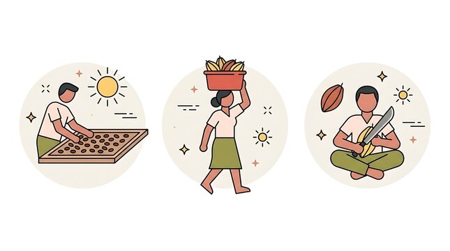 Cocoa farming process icons showing farmers harvesting, drying, and processing cacao beans in a flat minimalist vector illustration style