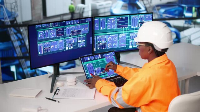 Engineer Carefully Monitors Hydropower System Data Using Laptop