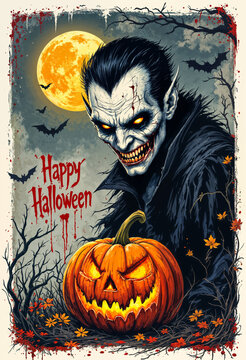 Dracula with happy halloween and pumpkin