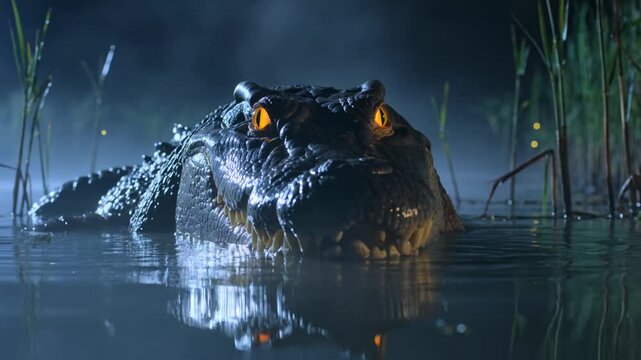 Glowing crocodile eye reflecting in swamp water at night