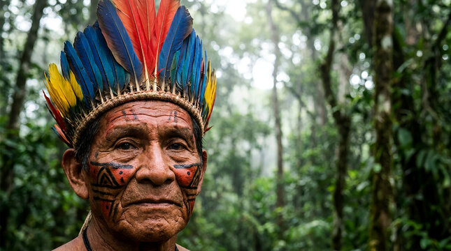 Indigenous man wearing vibrant traditional feather headdress in forest.