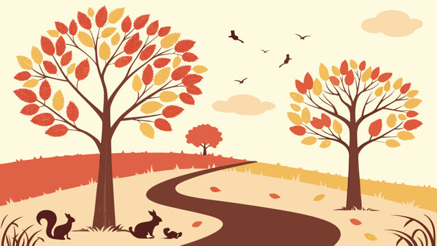 Autumn landscape with colorful trees winding path and falling leaves in flat illustration