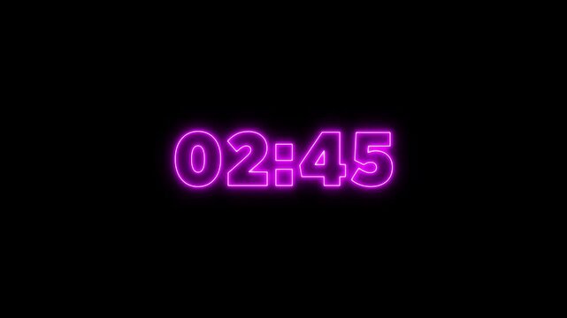 Glowing neon 3 minute countdown animation on black background.Digital Countdown timer three minute animation from seconds on transparent background.3 minutes countdown timer animation.