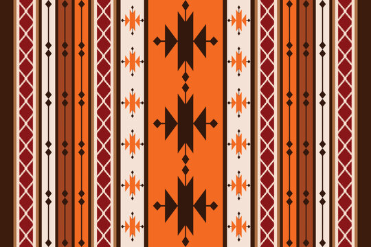 Native American Navajo style seamless pattern vector illustration. Geometric southwest tribal design with stripes, diamond and arrow motifs in warm orange and dark brown for textile print.