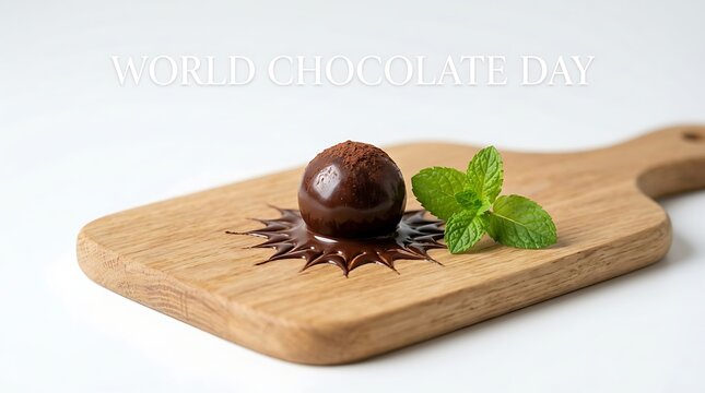 Single dark chocolate truffle with cocoa powder and fresh mint leaf on a wooden serving board for World Chocolate Day celebration
