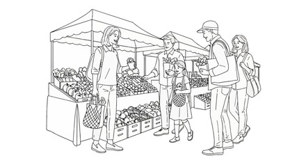 Obraz premium Black and white line art illustration of people and a family with a child shopping for fresh vegetables and produce at an outdoor farmers market with vendor tents and stalls.