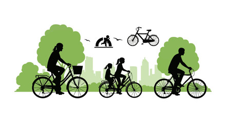 Obraz premium Vector silhouette illustration of a family including mother, father, and two children riding bicycles through a green park with trees and a city skyline on a white background.