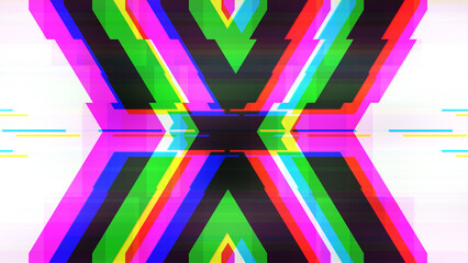Fototapeta premium Neon RGB split glitch with chromatic aberration and horizontal scanline distortion on a bold geometric X shape. Pairs with trippy album cover and rave aesthetic for electronic music design.