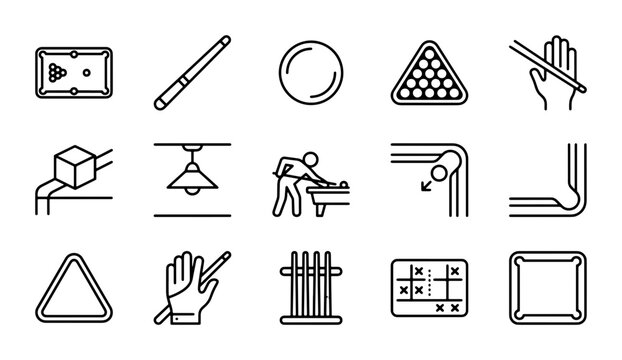 Billiard Icons Set: Pool Table, Cues, Balls, Racks, Player, Game Elements