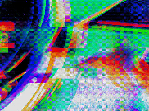 Abstract glitch halftone background with neon green and magenta datamosh dot pattern and RGB split distortion. Anchors a cyberpunk rave poster and neon music album design.