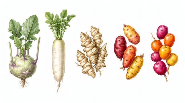 Kohlrabi Daikon Crosne Oca Ulluco Root Vegetable Collection Isolated On White Background