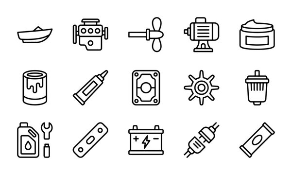 Marine Engine Parts and Accessories, Boat Motor Components, Nautical Equipment Icons Set