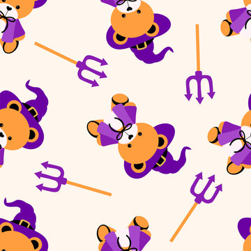 Adorable seamless pattern featuring cute teddy bears dressed as little devils with purple costumes and tridents. Perfect for Halloween