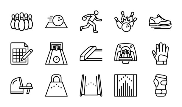 Bowling Icons Set: Pins, Ball, Player, Lane, Shoe, Glove, Equipment, Vector Graphics
