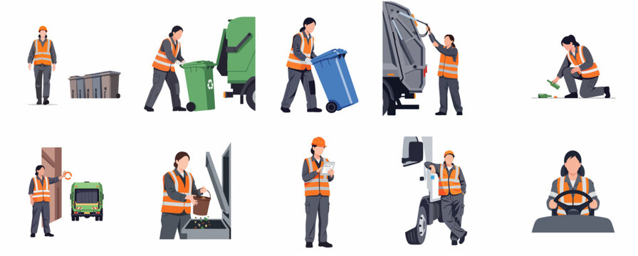Female sanitation workers set of flat vector illustrations. Garbage collectors in high-visibility vests performing waste management tasks like emptying bins and driving trucks.