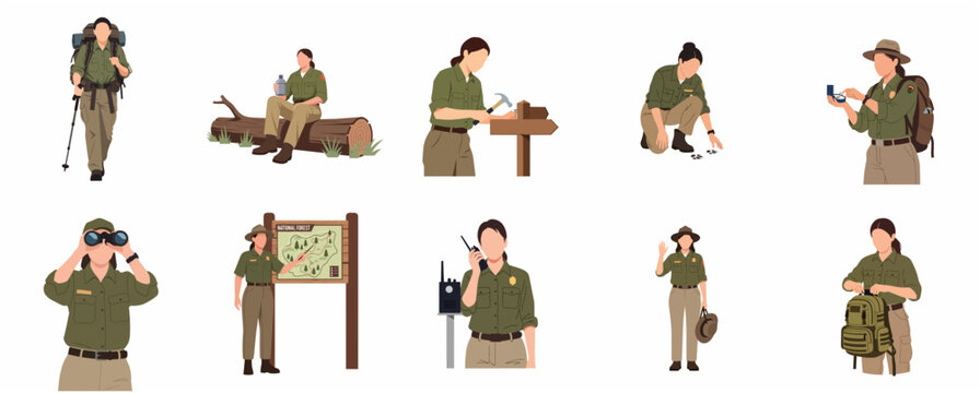 Set of female park ranger characters performing various duties like hiking, patrolling, and wildlife tracking in national forest